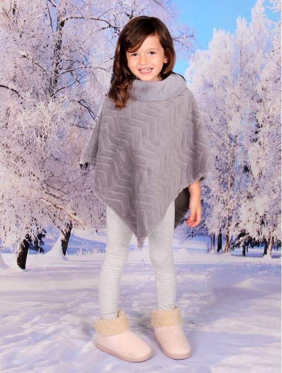 Kids Soft Faux Fur Poncho W/  Zig-zag Pattern and Faux Fur Neckline (3-7 Years Old) 